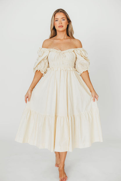 Crissy 100% Cotton Ruched Midi Dress in Cream - Bump Friendly