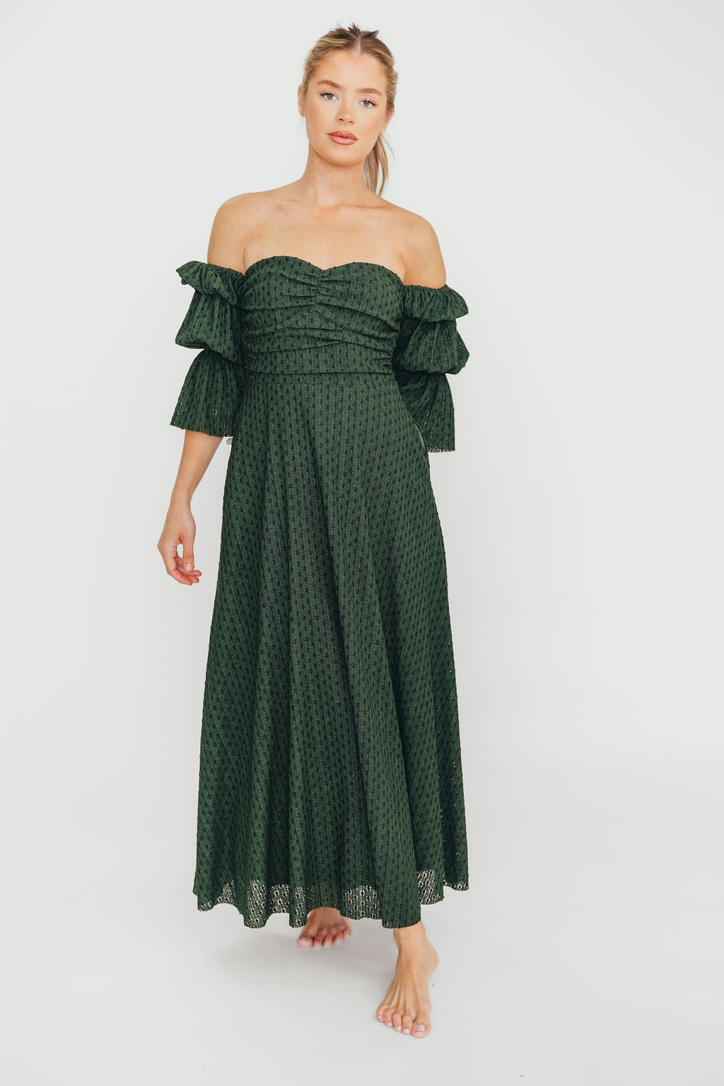 Corrine Tiered Sleeve Maxi Dress with Pockets in Hunter Green - Bump Friendly