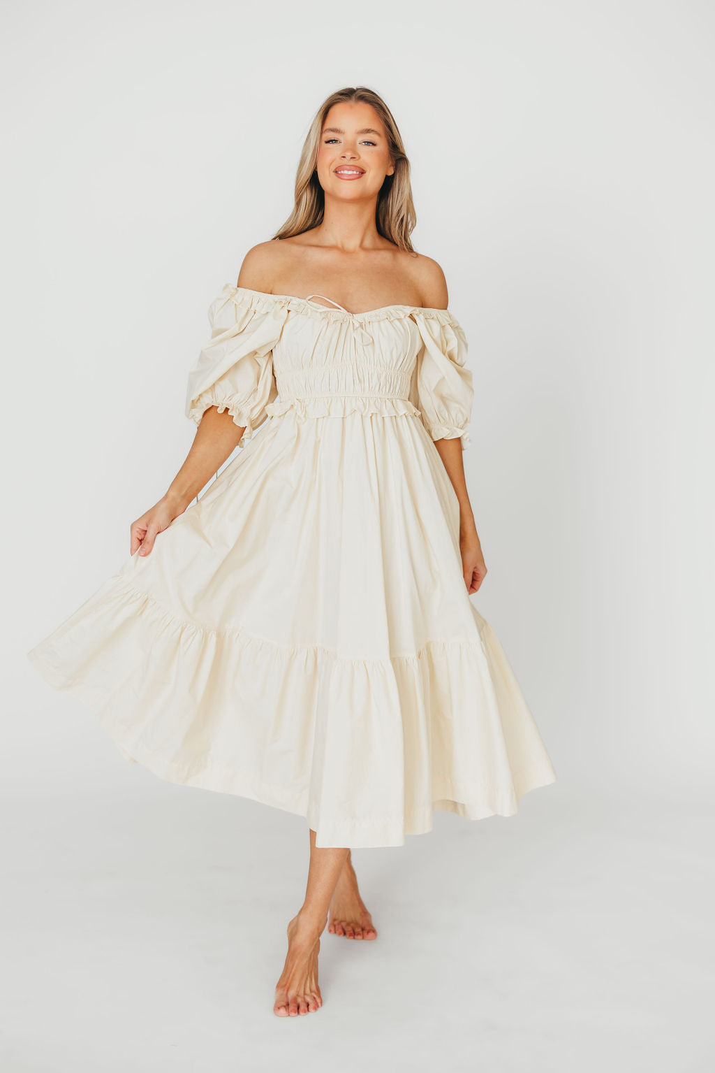 Crissy 100% Cotton Ruched Midi Dress in Cream - Bump Friendly