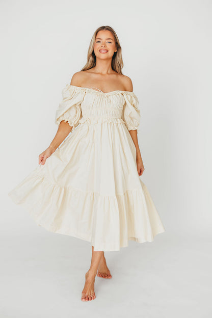 Crissy 100% Cotton Ruched Midi Dress in Cream - Bump Friendly