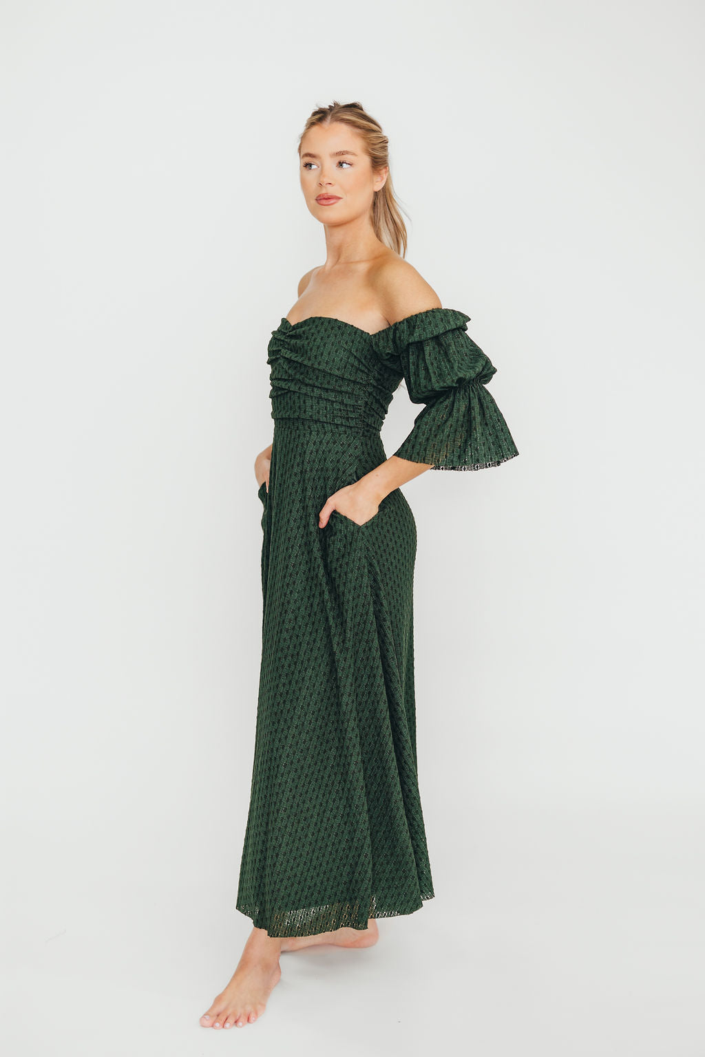 Corrine Tiered Sleeve Maxi Dress with Pockets in Hunter Green - Bump Friendly