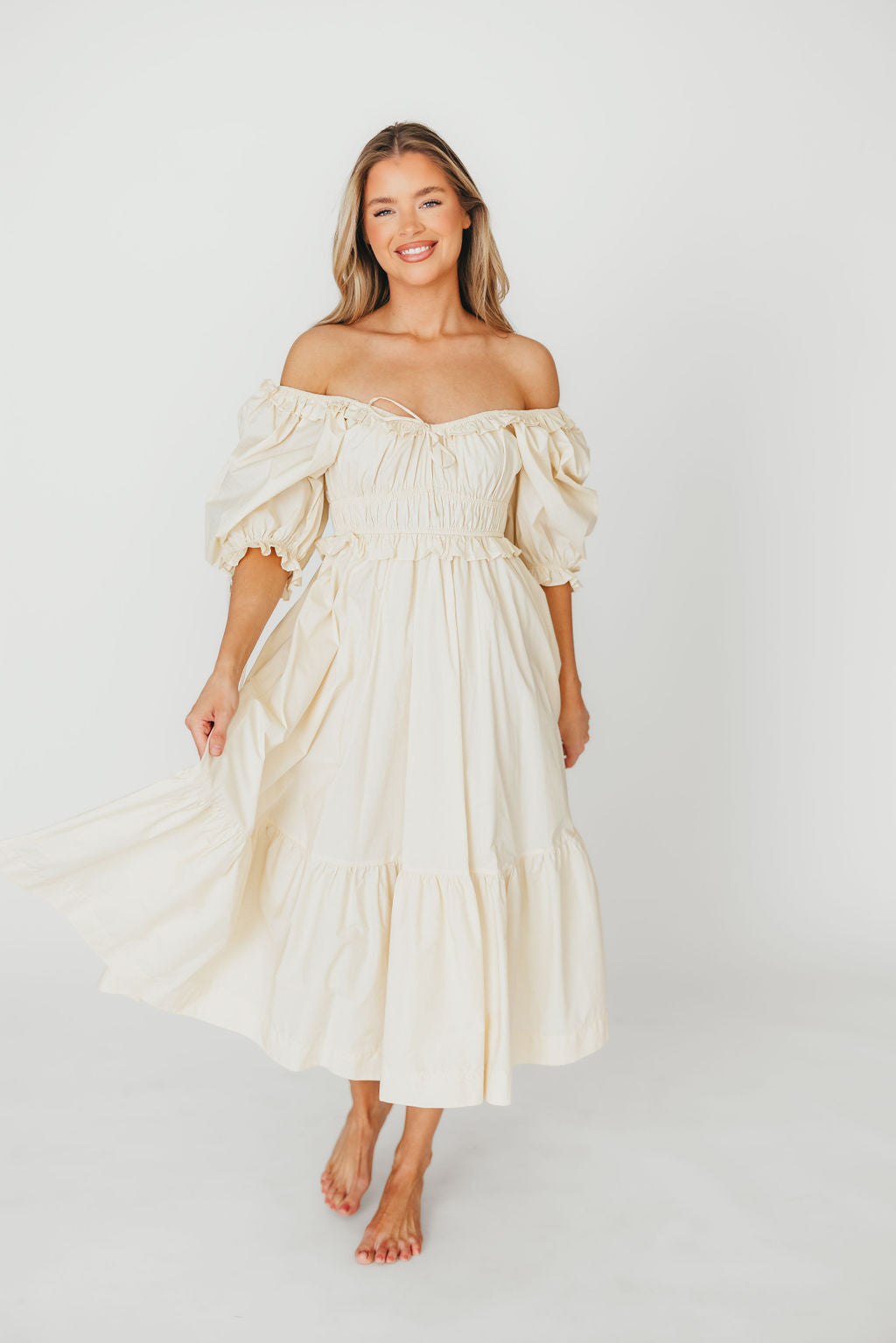 Crissy 100% Cotton Ruched Midi Dress in Cream - Bump Friendly