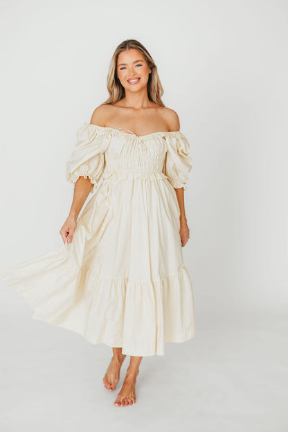 Crissy 100% Cotton Ruched Midi Dress in Cream - Bump Friendly