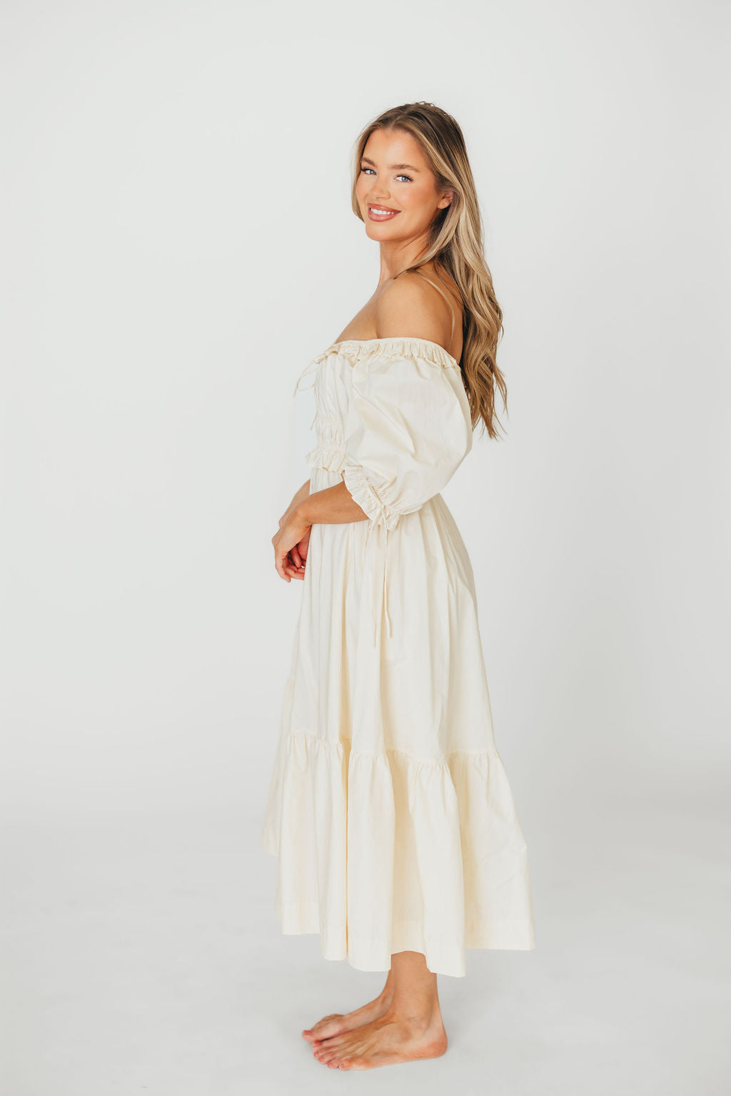 Crissy 100% Cotton Ruched Midi Dress in Cream - Bump Friendly