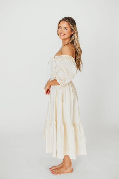 Crissy 100% Cotton Ruched Midi Dress in Cream - Bump Friendly
