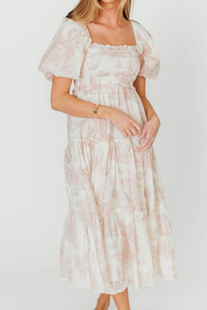 Elena 100% Cotton Toile Print Smocked Midi Dress in Pink - Bump Friendly (Restocking in Oct)