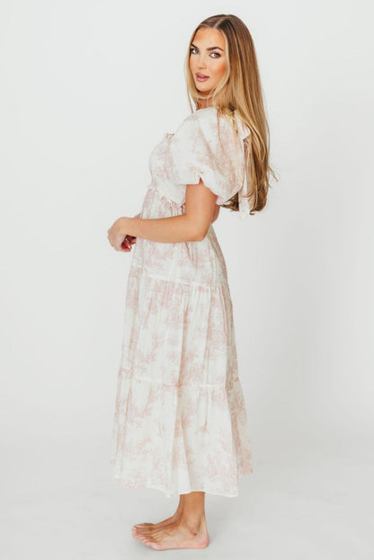 Elena 100% Cotton Toile Print Smocked Midi Dress in Pink - Bump Friendly (Restocking in Oct)