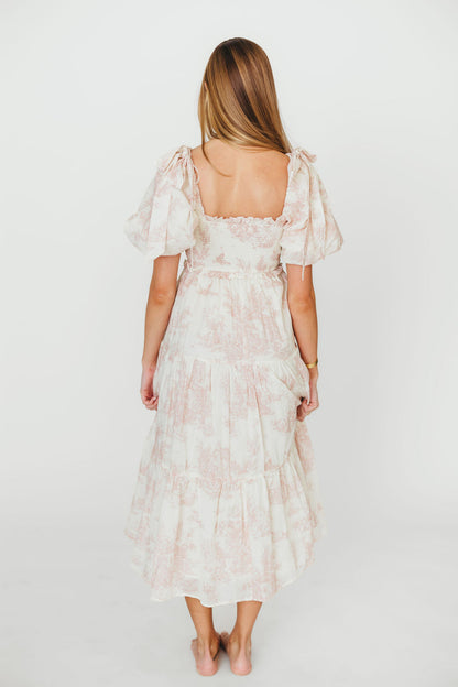 Elena 100% Cotton Toile Print Smocked Midi Dress in Pink - Bump Friendly (Restocking in Oct)