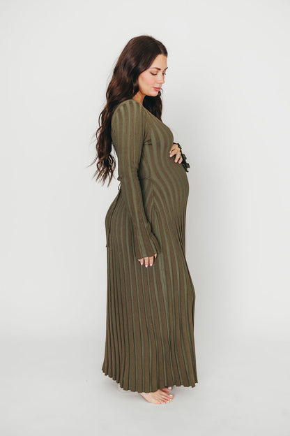 Hadley Long Sleeve V-Neck Knit Maxi Dress in Olive- Bump Friendly