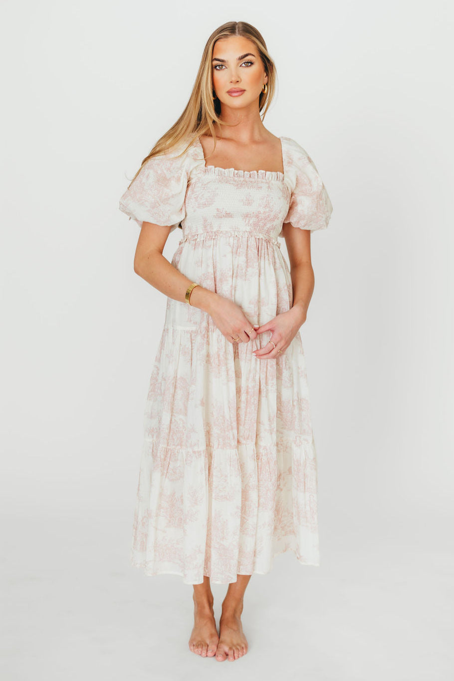 Elena 100% Cotton Toile Print Smocked Midi Dress in Pink - Bump Friendly (Restocking in Oct)