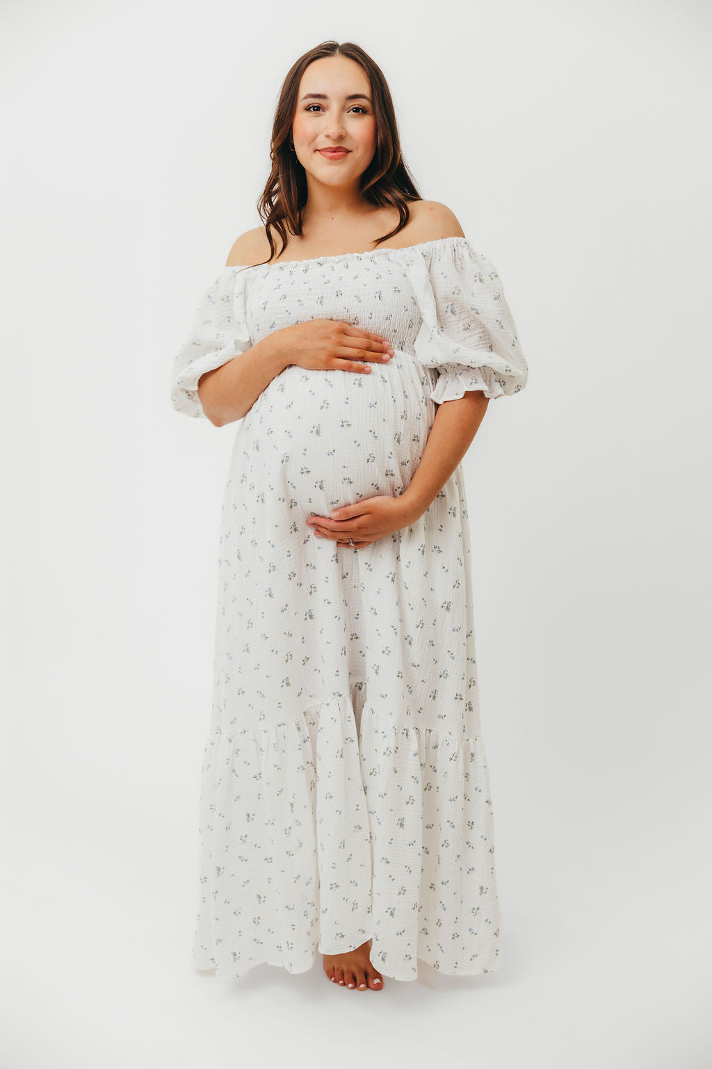 Livvy 100% Cotton Maxi Dress in Off-White / Blue Floral - Bump Friendly & Inclusive Sizing