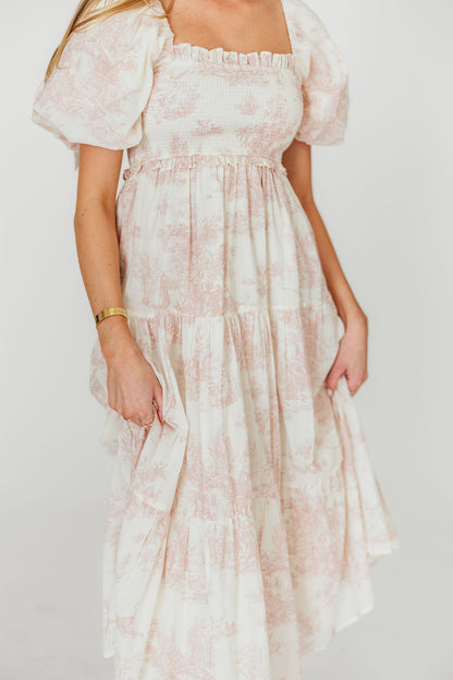 Elena 100% Cotton Toile Print Smocked Midi Dress in Pink - Bump Friendly (Restocking in Oct)