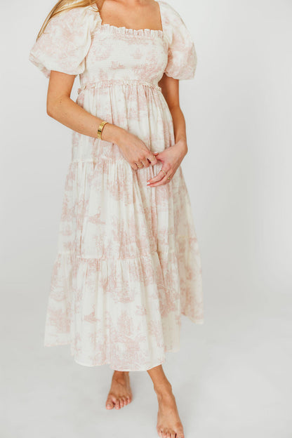 Elena 100% Cotton Toile Print Smocked Midi Dress in Pink - Bump Friendly (Restocking in Oct)