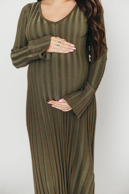 Hadley Long Sleeve V-Neck Knit Maxi Dress in Olive- Bump Friendly