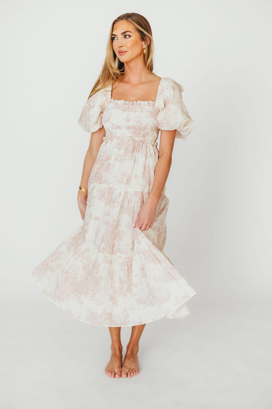 Elena 100% Cotton Toile Print Smocked Midi Dress in Pink - Bump Friendly (Restocking in Oct)