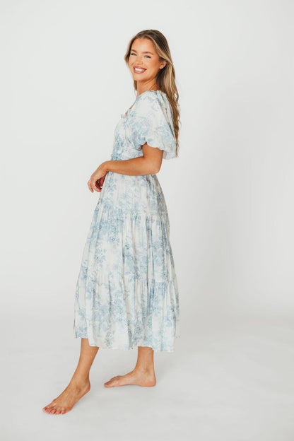 Elena Floral Print Smocked Midi Dress in Blue - Bump Friendly & Inclusive Sizing XS & S Left in Stock)  (Restocking Remaining Sizes in Oct)