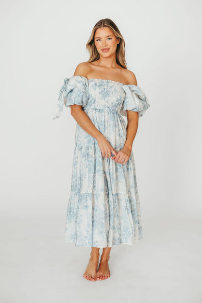 Elena Floral Print Smocked Midi Dress in Blue - Bump Friendly & Inclusive Sizing XS & S Left in Stock)  (Restocking Remaining Sizes in Oct)