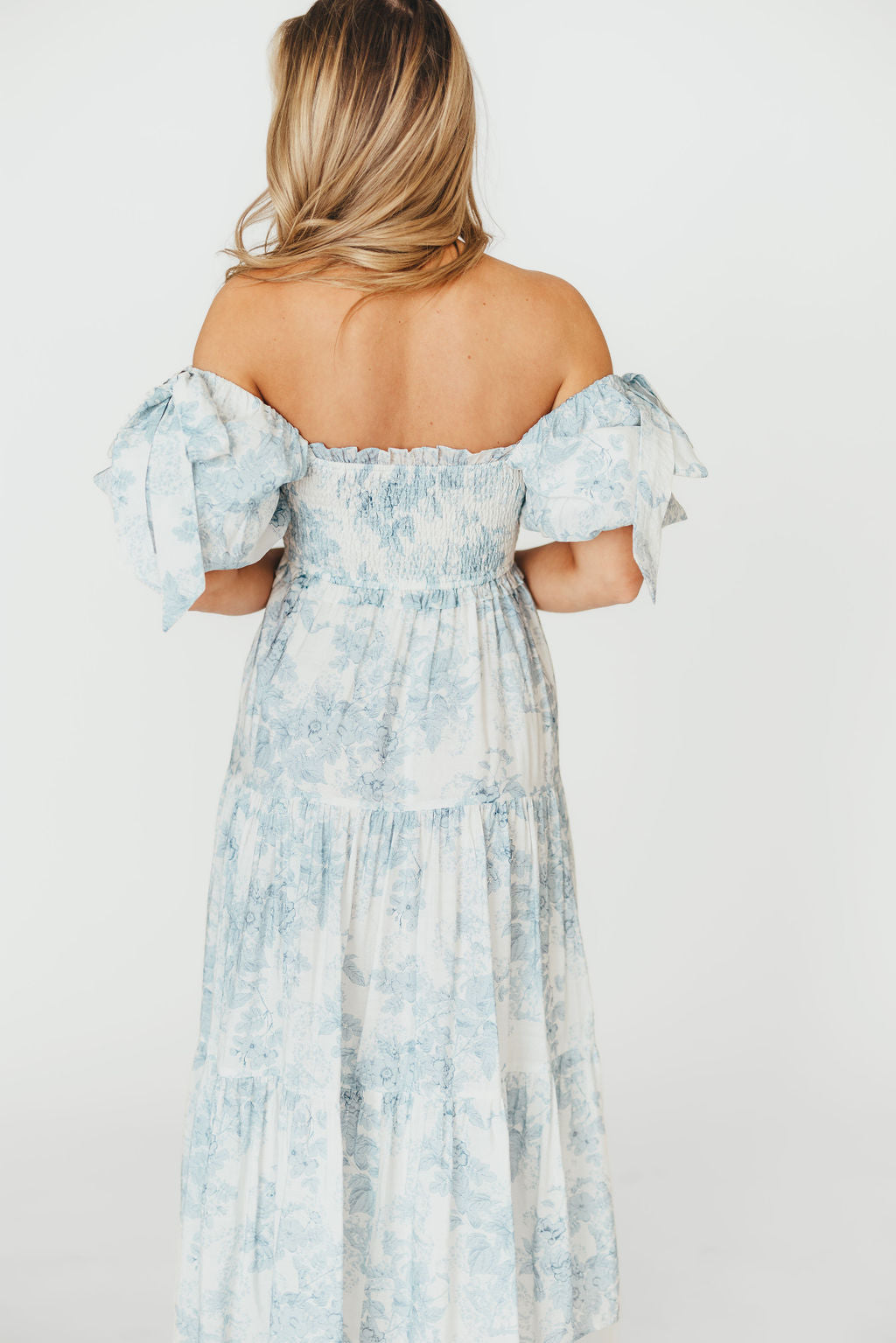 Elena Floral Print Smocked Midi Dress in Blue - Bump Friendly & Inclusive Sizing XS & S Left in Stock)  (Restocking Remaining Sizes in Oct)