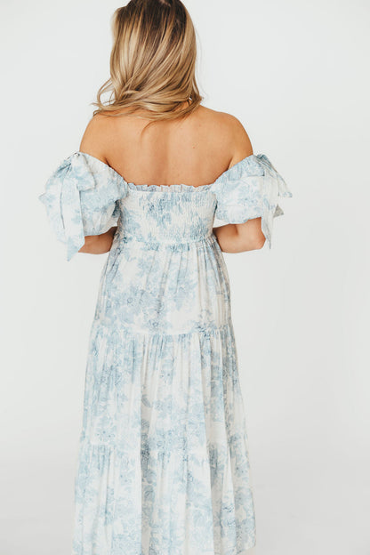 Elena Floral Print Smocked Midi Dress in Blue - Bump Friendly & Inclusive Sizing XS & S Left in Stock)  (Restocking Remaining Sizes in Oct)