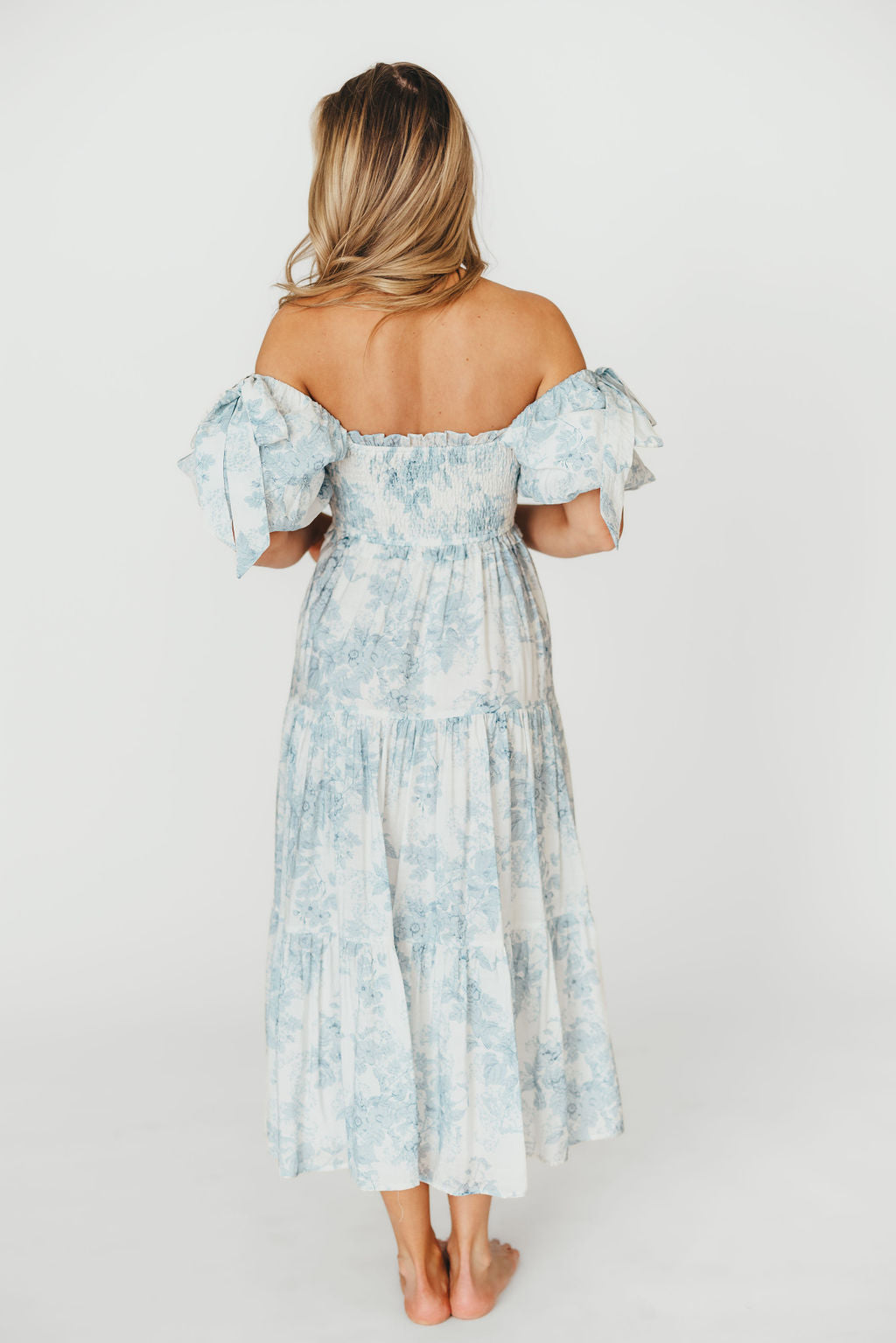 Elena Floral Print Smocked Midi Dress in Blue - Bump Friendly & Inclusive Sizing XS & S Left in Stock)  (Restocking Remaining Sizes in Oct)