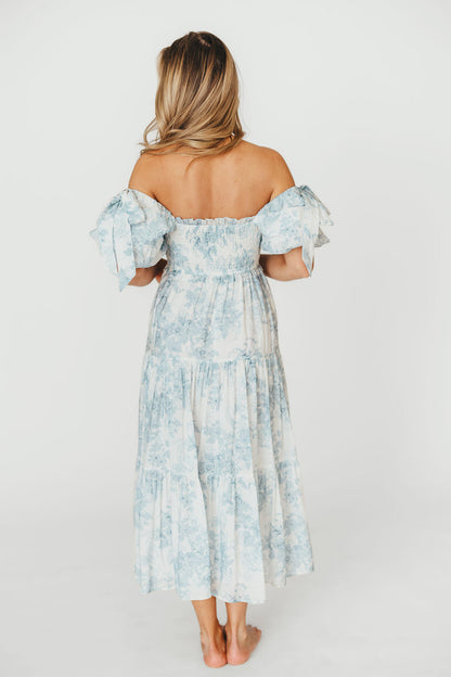 Elena Floral Print Smocked Midi Dress in Blue - Bump Friendly & Inclusive Sizing XS & S Left in Stock)  (Restocking Remaining Sizes in Oct)