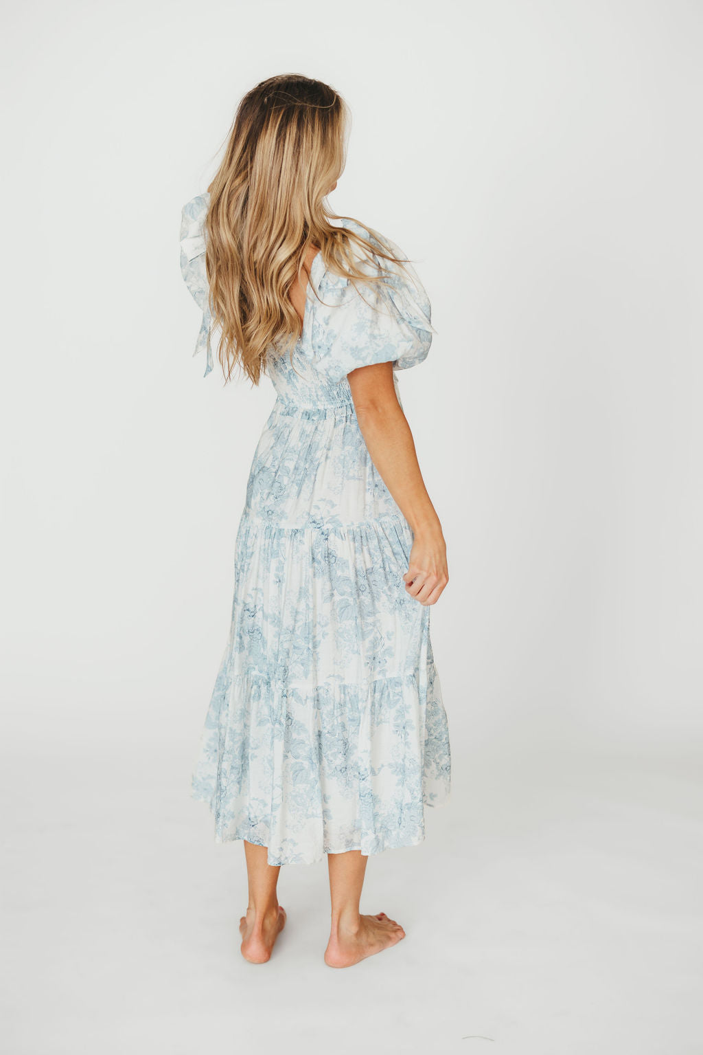 Elena Floral Print Smocked Midi Dress in Blue - Bump Friendly & Inclusive Sizing XS & S Left in Stock)  (Restocking Remaining Sizes in Oct)