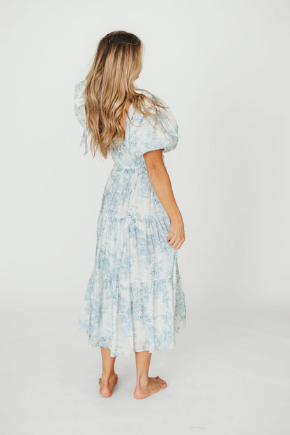Elena Floral Print Smocked Midi Dress in Blue - Bump Friendly & Inclusive Sizing XS & S Left in Stock)  (Restocking Remaining Sizes in Oct)