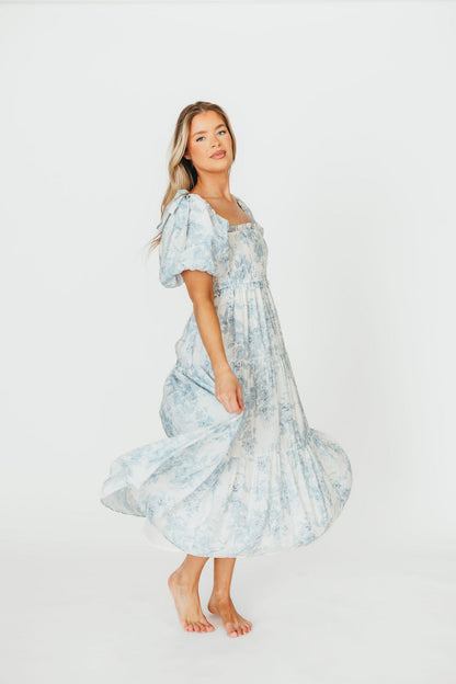 Elena Floral Print Smocked Midi Dress in Blue - Bump Friendly & Inclusive Sizing XS & S Left in Stock)  (Restocking Remaining Sizes in Oct)