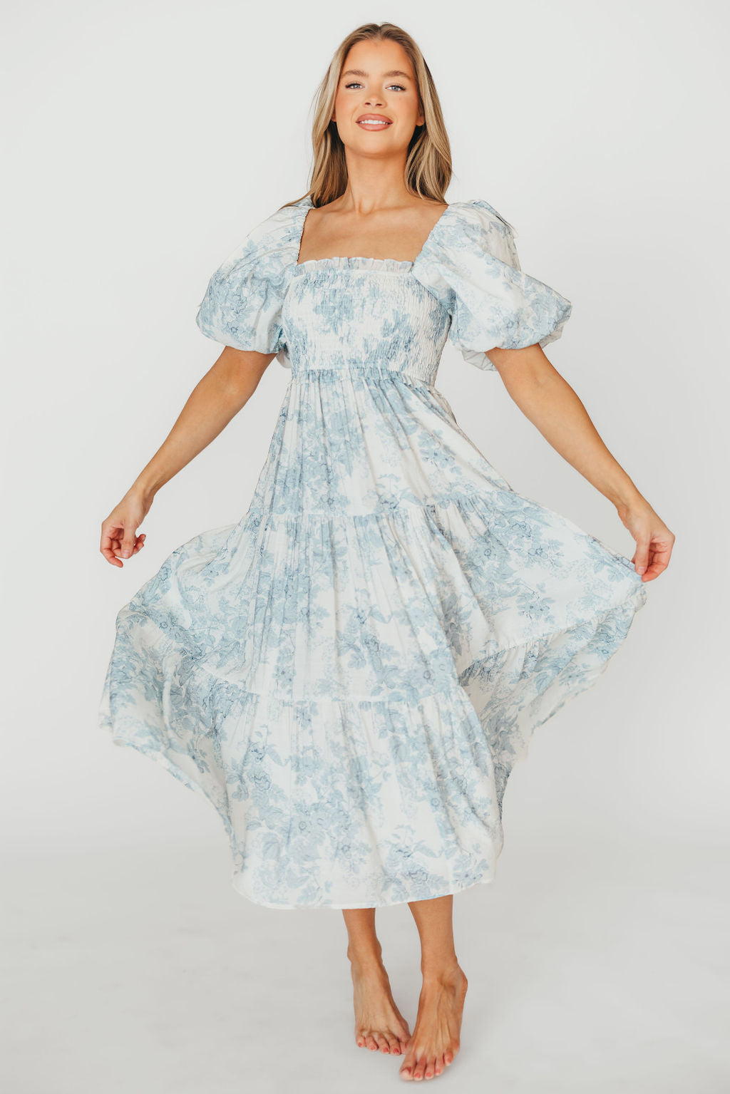 Elena Floral Print Smocked Midi Dress in Blue - Bump Friendly & Inclusive Sizing XS & S Left in Stock)  (Restocking Remaining Sizes in Oct)