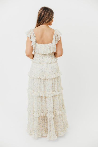 Astrid Ruffle Detail Maxi Dress in Yellow Floral  - Bump Friendly