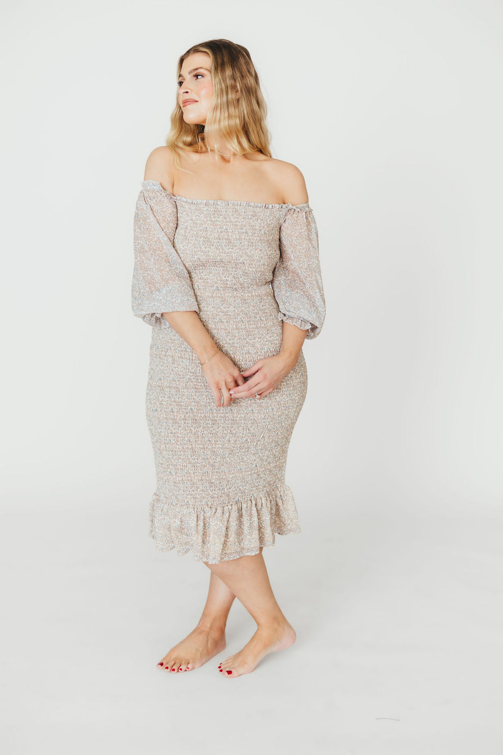 Cameron Stretchy Midi Dress with Ruffles in Beige/Blue
