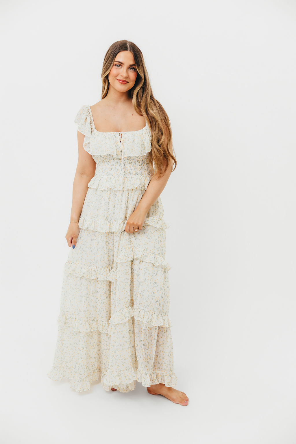 Astrid Ruffle Detail Maxi Dress in Yellow Floral  - Bump Friendly