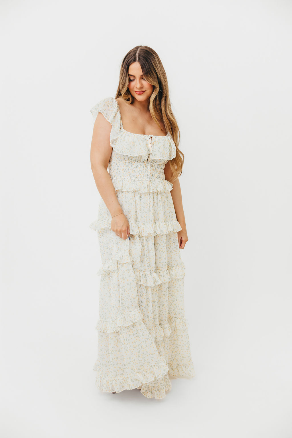 Astrid Ruffle Detail Maxi Dress in Yellow Floral  - Bump Friendly