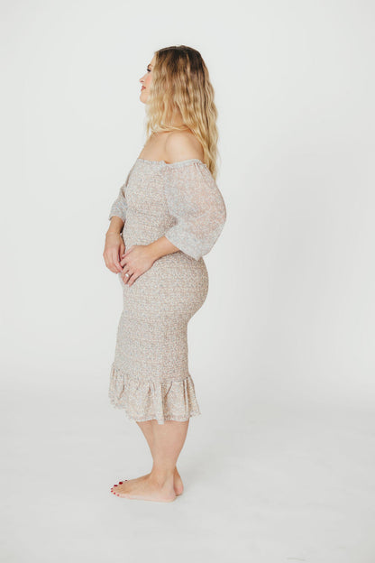 Cameron Stretchy Midi Dress with Ruffles in Beige/Blue