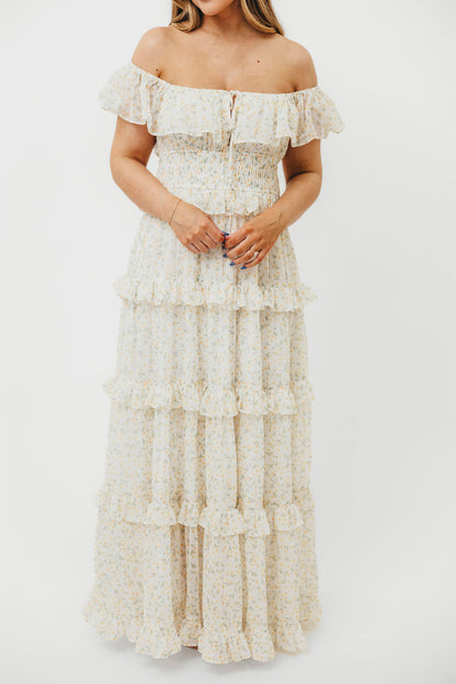 Astrid Ruffle Detail Maxi Dress in Yellow Floral  - Bump Friendly