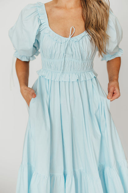 Crissy 100% Cotton Ruched Midi Dress in Baby Blue - Bump Friendly