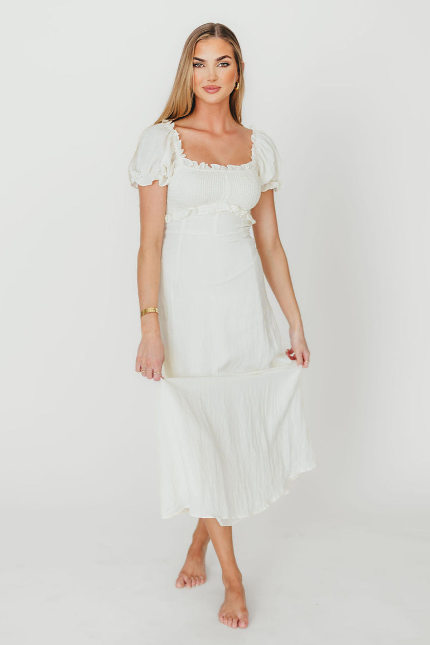 Penny Puff Sleeve Ruffle Midi Dress in Cream