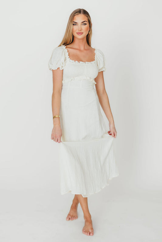 Penny Puff Sleeve Ruffle Midi Dress in Cream