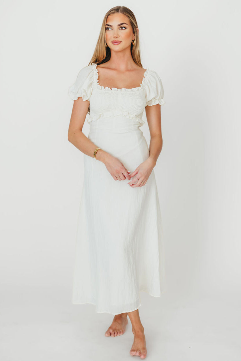 Penny Puff Sleeve Ruffle Midi Dress in Cream