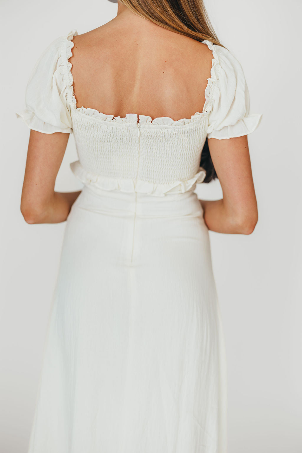 Penny Puff Sleeve Ruffle Midi Dress in Cream