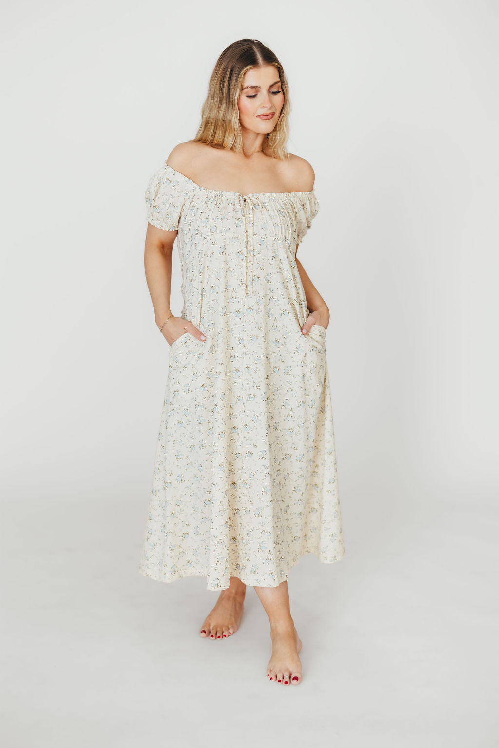 Marley 100% Cotton Midi Dress in Ivory/Blue Floral -Bump Friendly