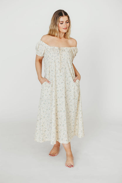 Marley 100% Cotton Midi Dress in Ivory/Blue Floral -Bump Friendly