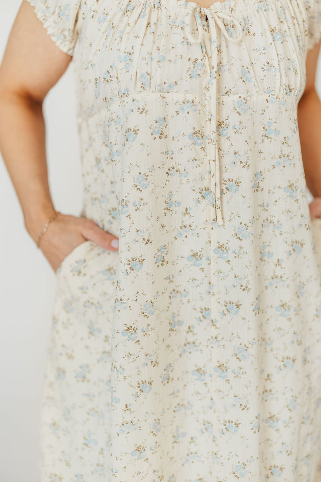Marley 100% Cotton Midi Dress in Ivory/Blue Floral -Bump Friendly