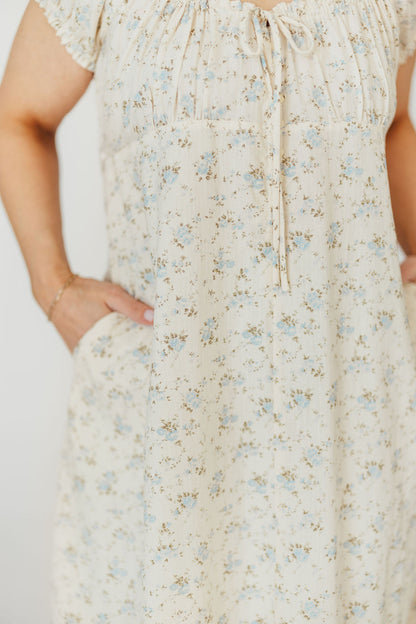 Marley 100% Cotton Midi Dress in Ivory/Blue Floral -Bump Friendly