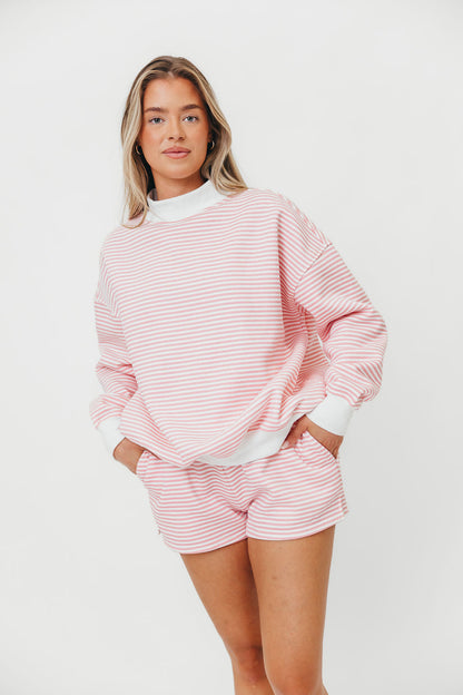Cynthia Big Striped Mock Neck Sweatshirt in Pink and White