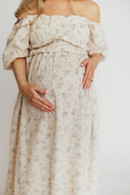 Finley 100% Cotton Peplum Midi Dress in Ivory/Blue - Bump & Nursing Friendly