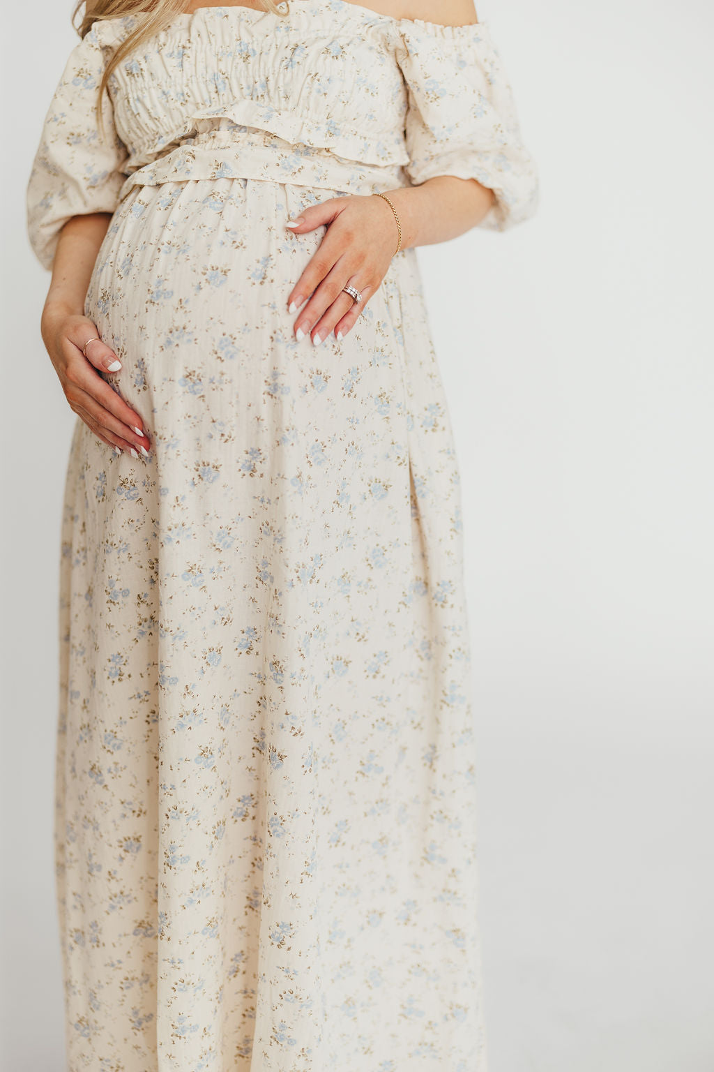 Finley 100% Cotton Peplum Midi Dress in Ivory/Blue - Bump & Nursing Friendly