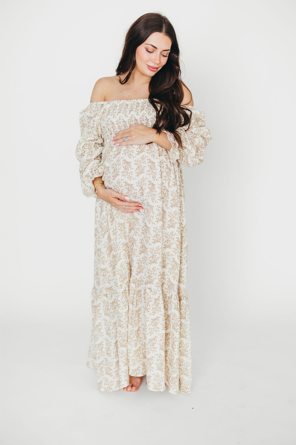 Emerson 100% Cotton Gauze Maxi Dress in Natural/Tan Floral - Bump Friendly