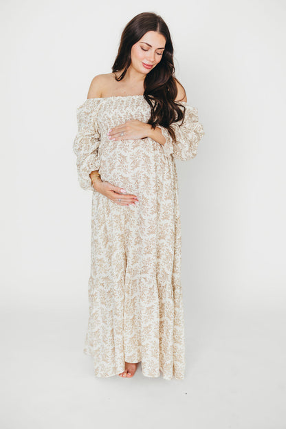 Emerson 100% Cotton Gauze Maxi Dress in Natural/Tan Floral - Bump Friendly