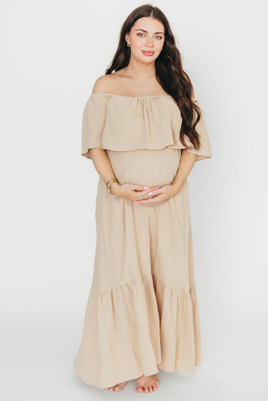Josie 100% Cotton Maxi Dress in Beige - Bump & Nursing Friendly